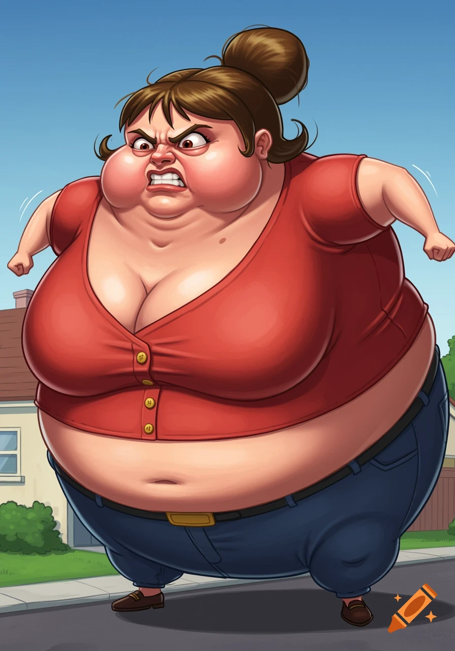 Exaggerated cartoon of an angry, overweight woman in a red shirt standing on a sidewalk.