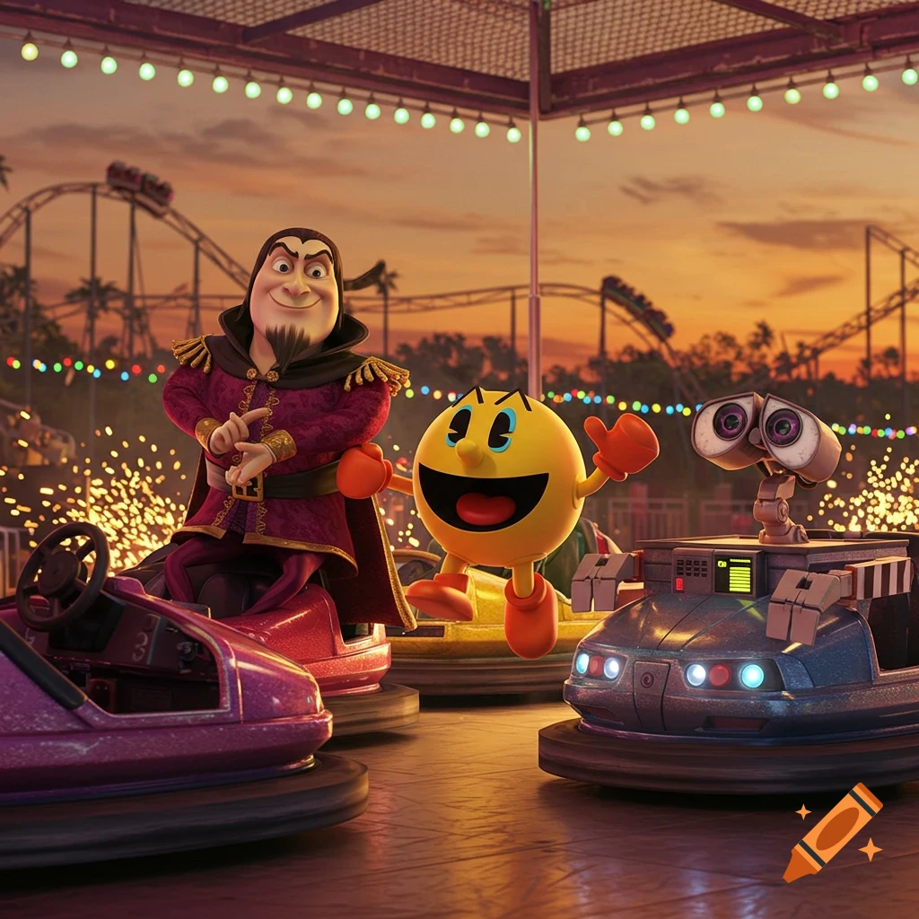 3D animated characters Lord Farquaad, Pac-Man, and WALL-E at an amusement park with bumper cars, roller coasters, and lights.