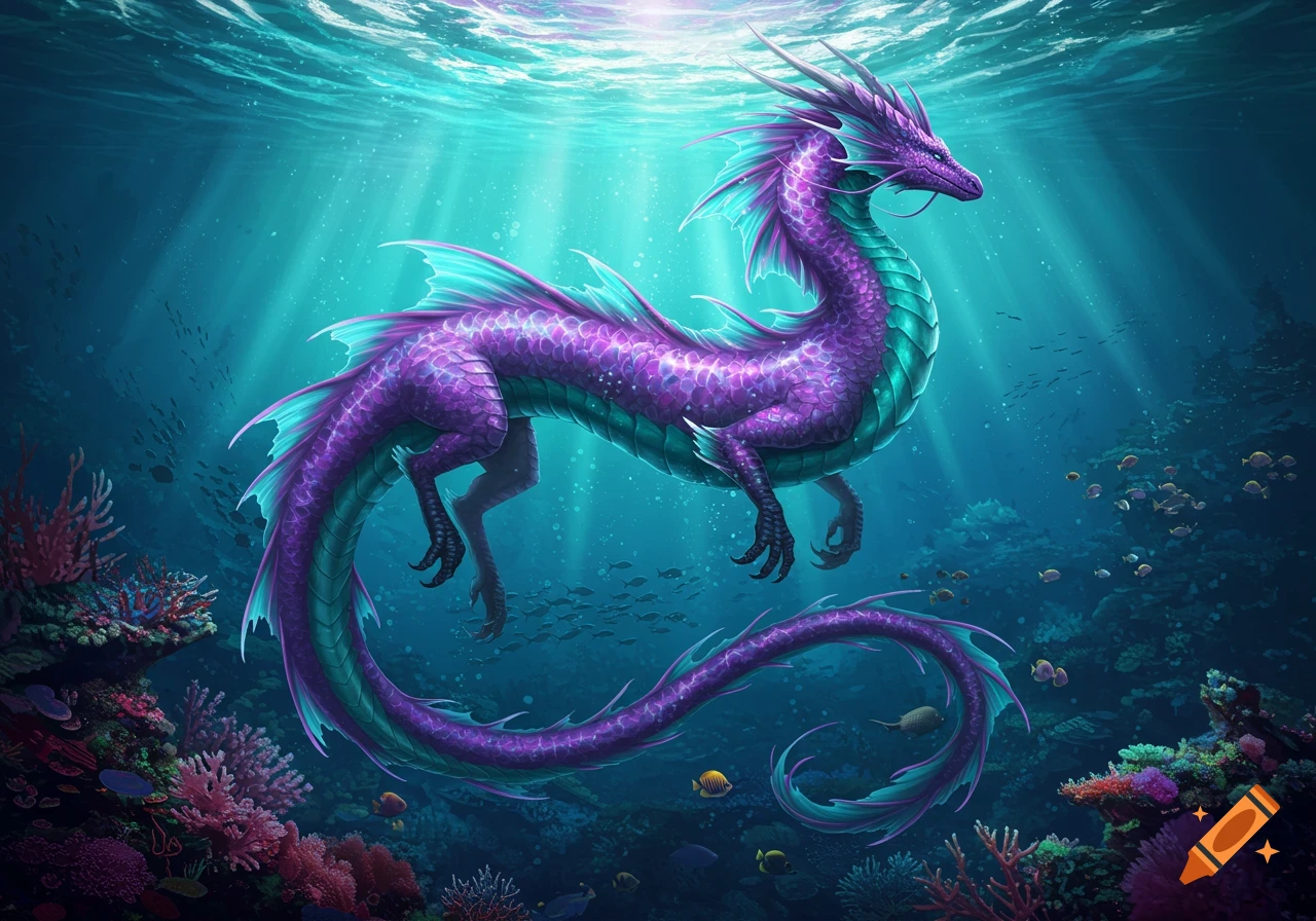 A vibrant purple and teal dragon swims gracefully through a sunlit underwater coral reef.