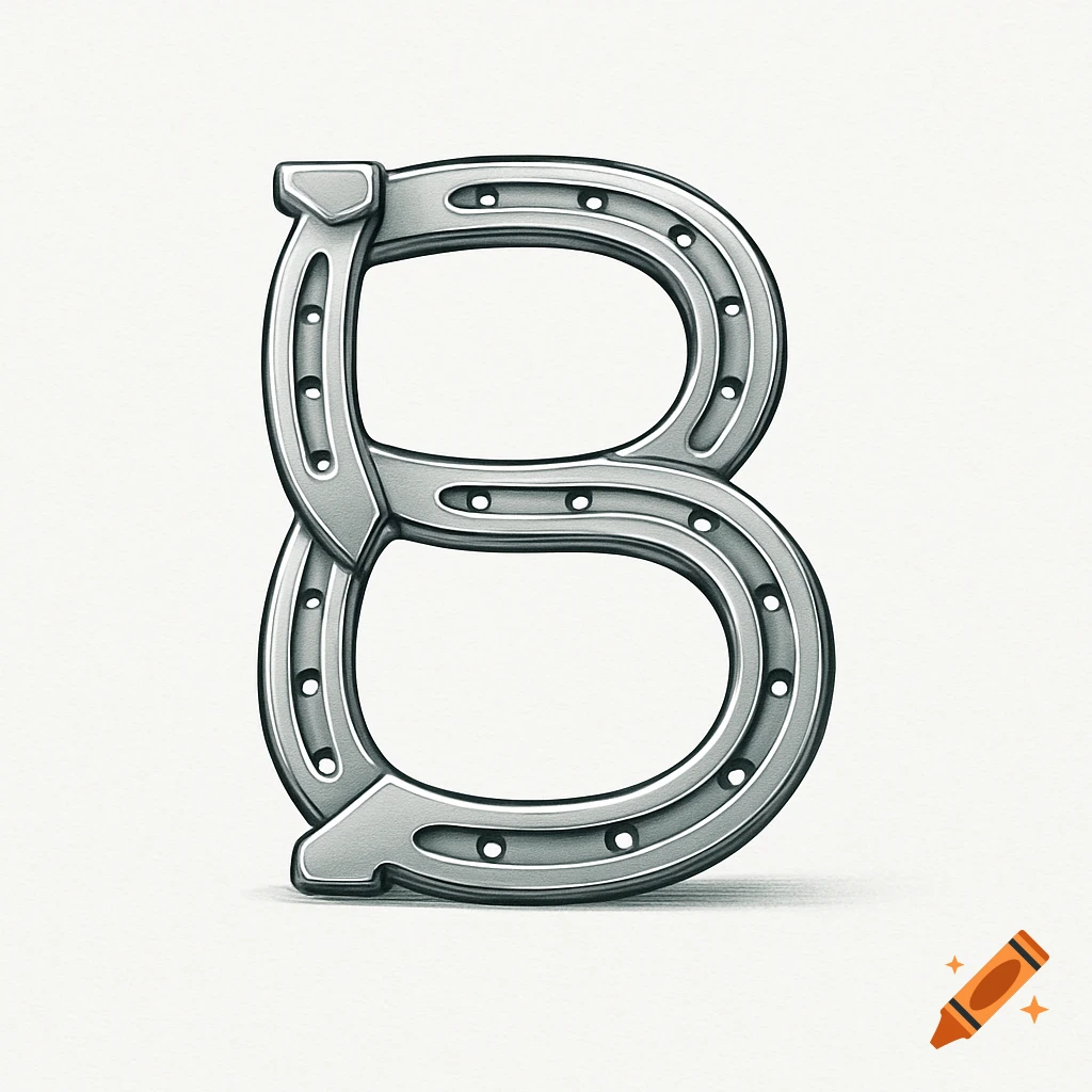 A stylized silver letter B formed by two intertwined metallic horseshoes with nail holes, on a plain background.