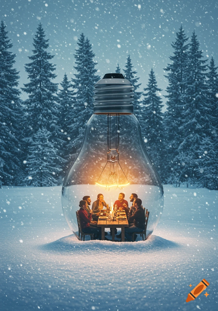 A glowing lightbulb containing a cozy, candlelit feast with people inside, set in a snowy winter forest.
