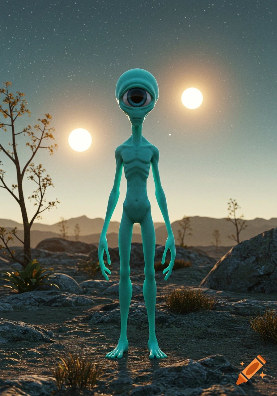 A tall, slender green one-eyed alien stands on a rocky planet under a starry sky with two bright suns.
