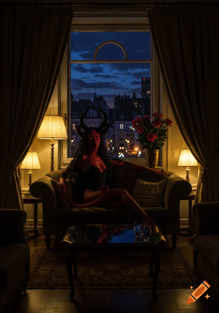 A female demon with red skin and large horns sits on a couch in a dimly lit room, looking towards the viewer. A city skyline is visible through the large window behind her.
