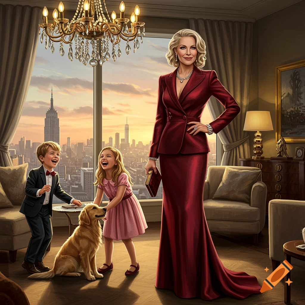 An elegant woman in a red suit dress stands in a luxurious apartment, while two joyful children play with a golden retriever.