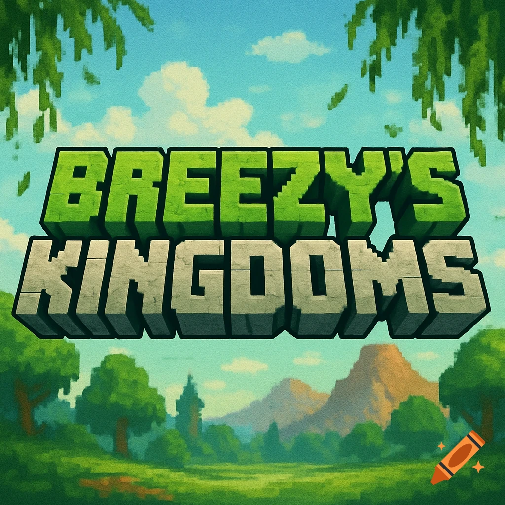 Pixel art logo 'BREEZY'S KINGDOMS' in green and grey block letters, over a pixelated landscape with trees, mountains, and sky.