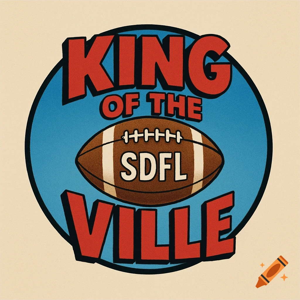 A retro-style circular logo with red text "KING OF THE VILLE" and a brown football in the center with "SDFL" written on it, all on a blue background.