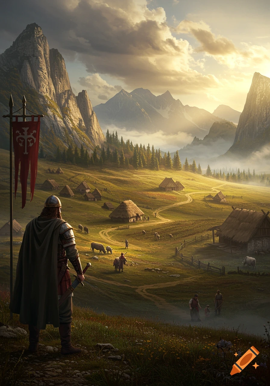 A warrior stands on a hill, overlooking a peaceful village nestled in a valley surrounded by majestic mountains under a golden sunrise.