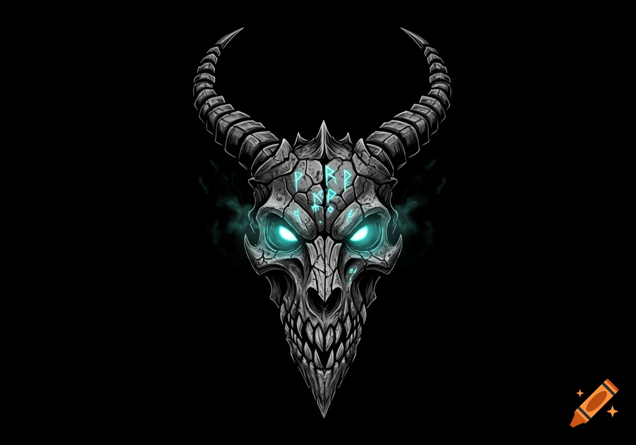 A grunge vintage style cracked dragon skull with large horns and glowing blue runes on its forehead, on a black background.
