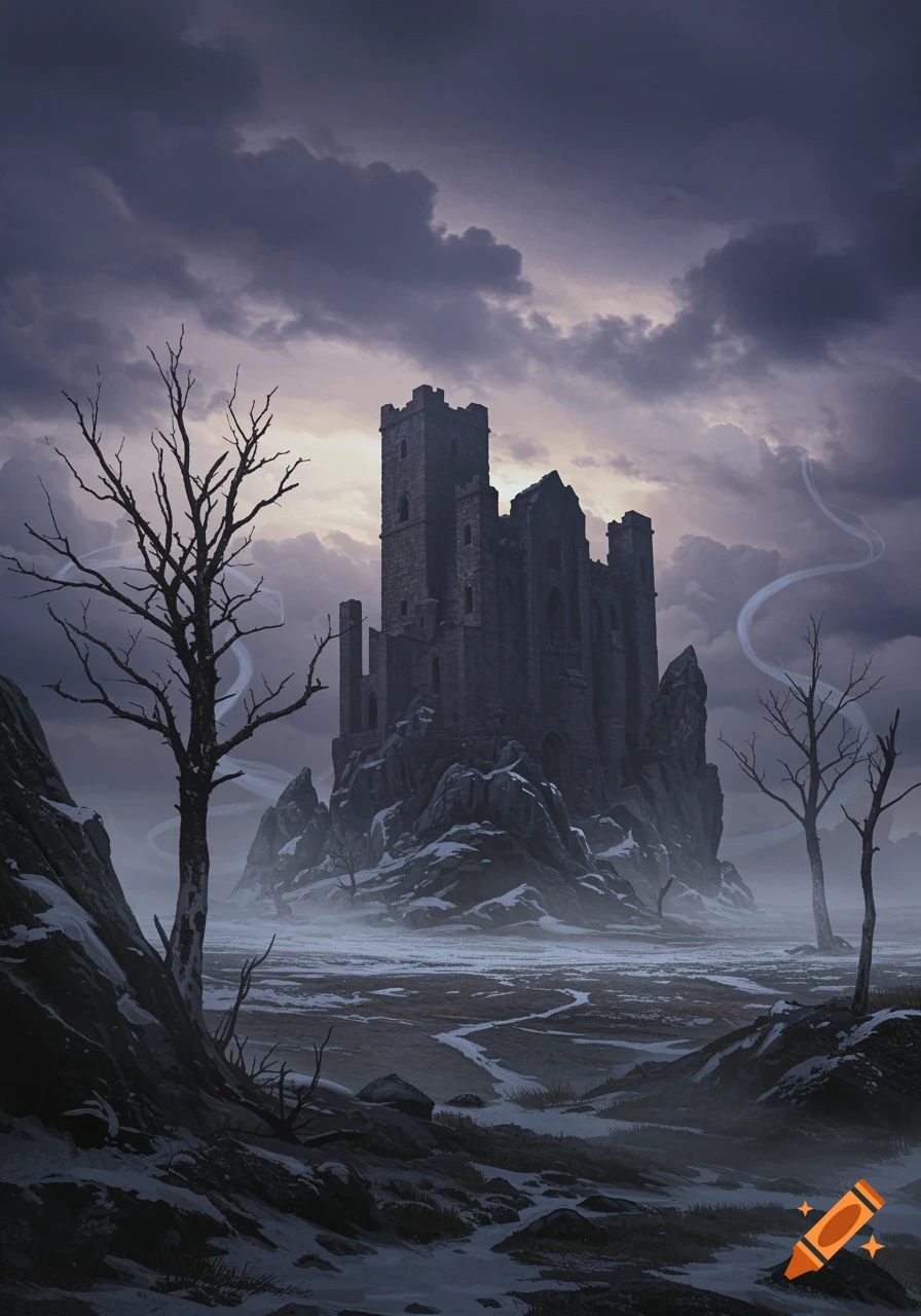 A dark gothic castle on a snowy, rocky outcrop in a desolate winter landscape under a stormy sky.