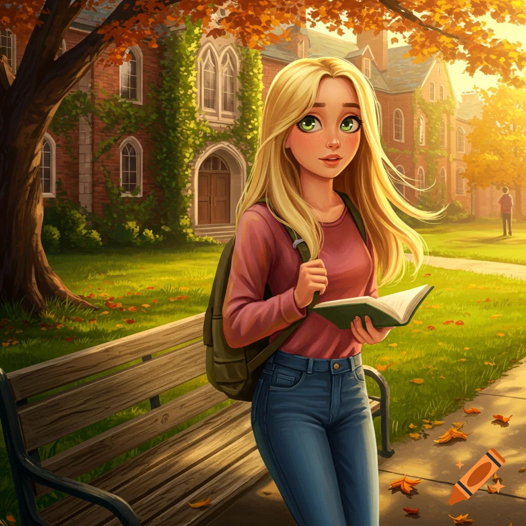 An illustrated blonde female college student with a backpack holds a book on a sunny autumn campus.