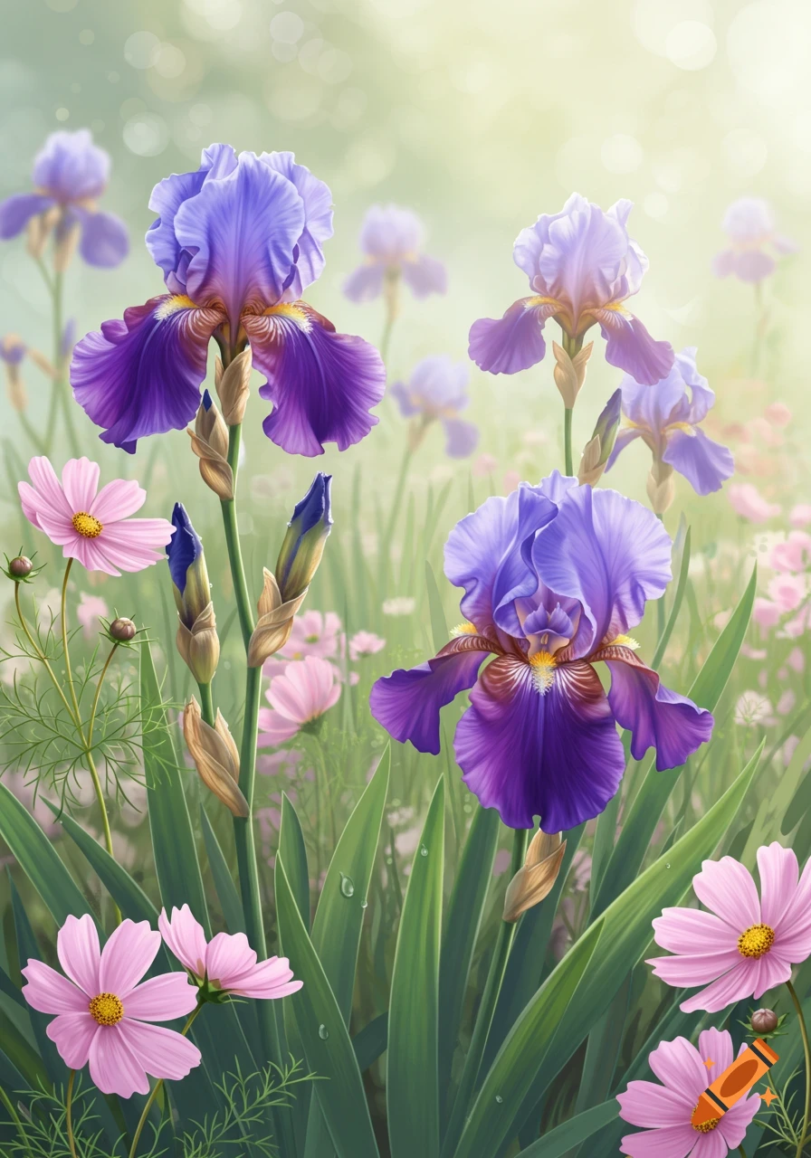 Photorealistic image of vibrant purple iris and pink cosmos flowers blooming in a lush green field under soft light.