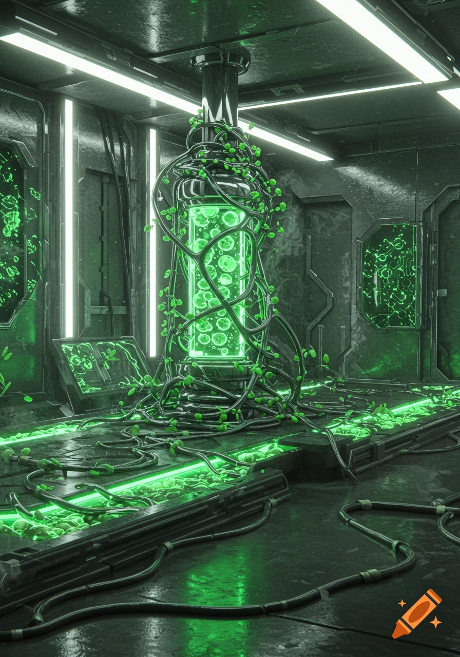 A glowing green biological container with vines and wires in a dark, futuristic lab.