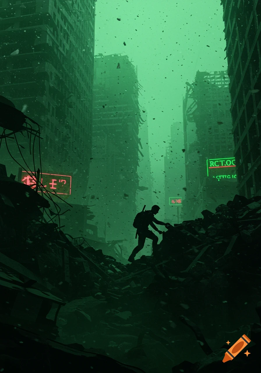 A silhouetted man climbs over a large pile of rubble in a destroyed, green-tinted city.
