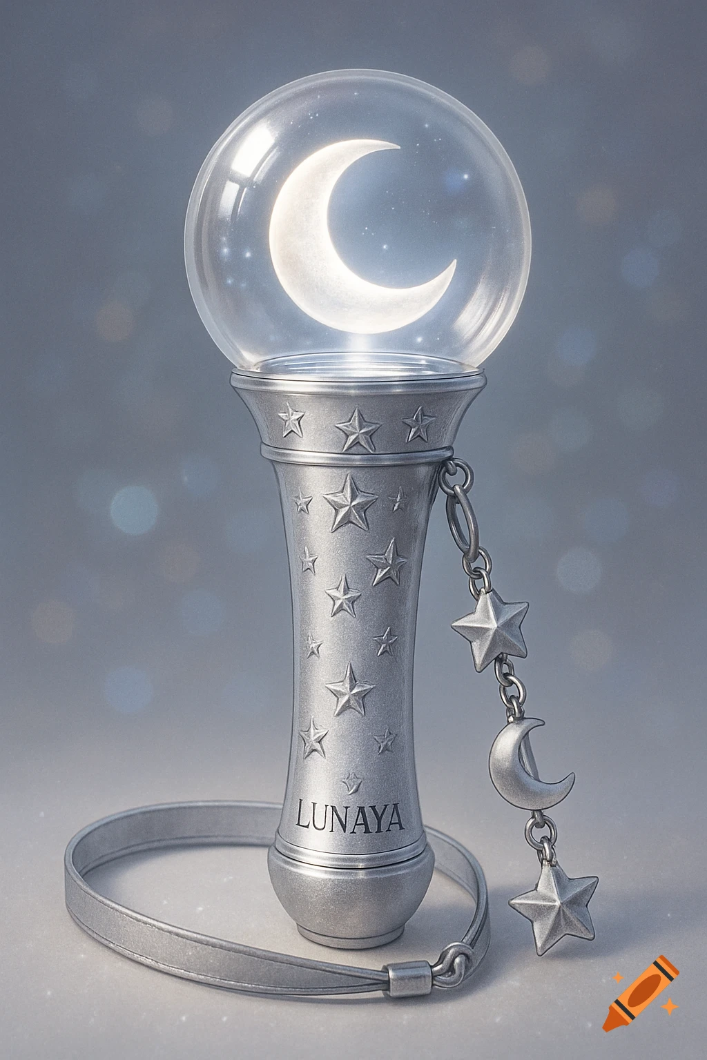A silver kpop lightstick with a glowing crescent moon inside a clear orb. The handle has embossed stars and 'LUNAYA' text, with star and moon charms on a strap.