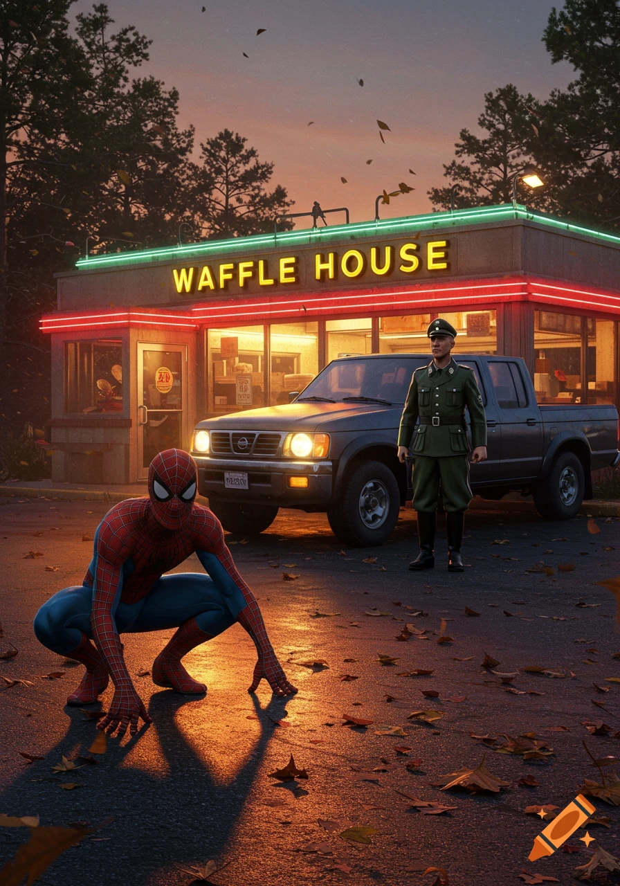 Spider-Man crouches on a wet road at sunset in front of a Waffle House, while a man in a military uniform stands by a pickup truck.