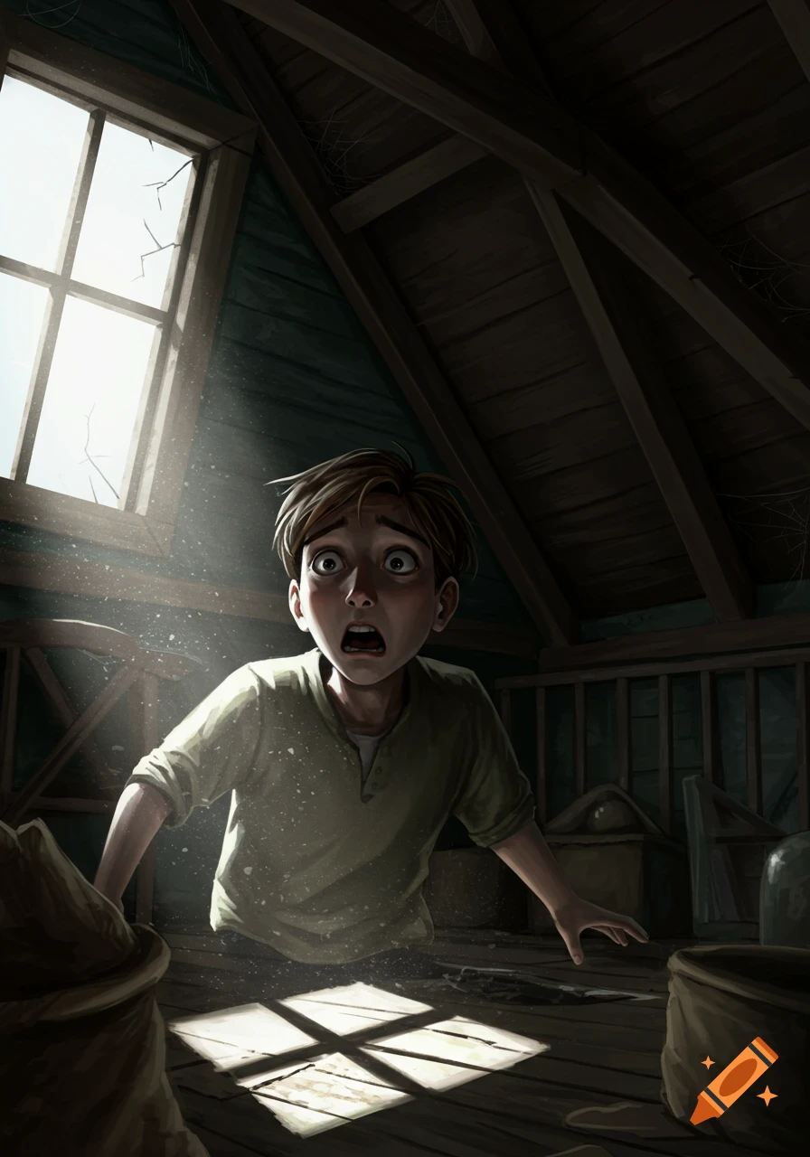 An illustration of a young boy with a terrified expression emerging from a hole in a dusty attic floor, illuminated by sunlight.
