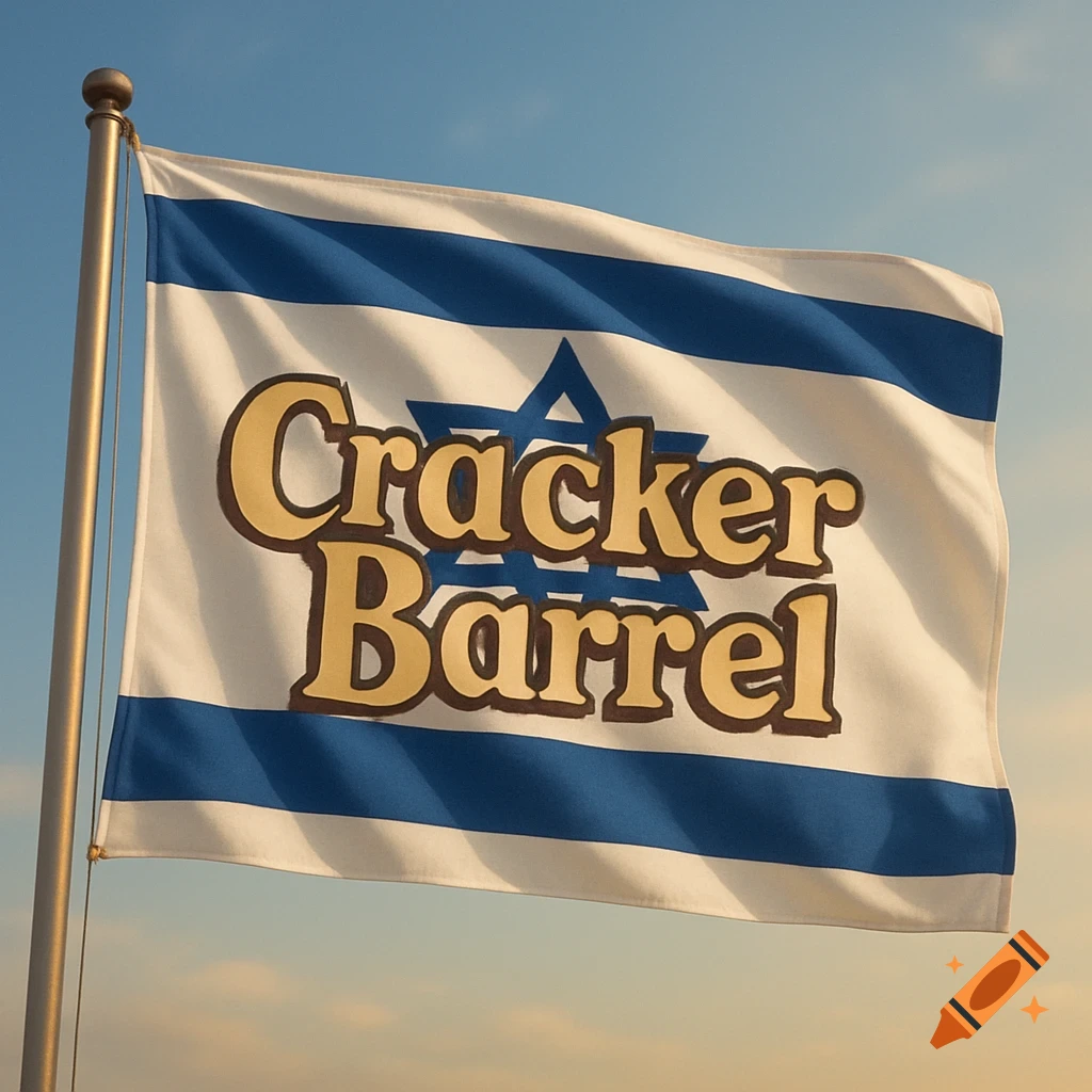 A photorealistic image of an Israeli flag featuring the Cracker Barrel logo, flying against a partly cloudy blue sky.