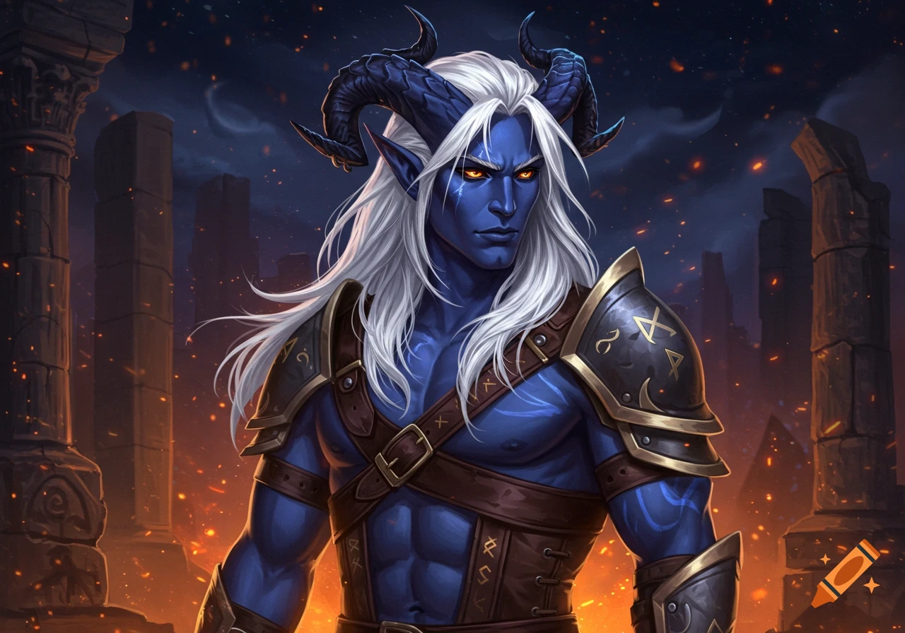 A blue-skinned male fantasy character with white hair and horns, in armor, stands among fiery ruins.