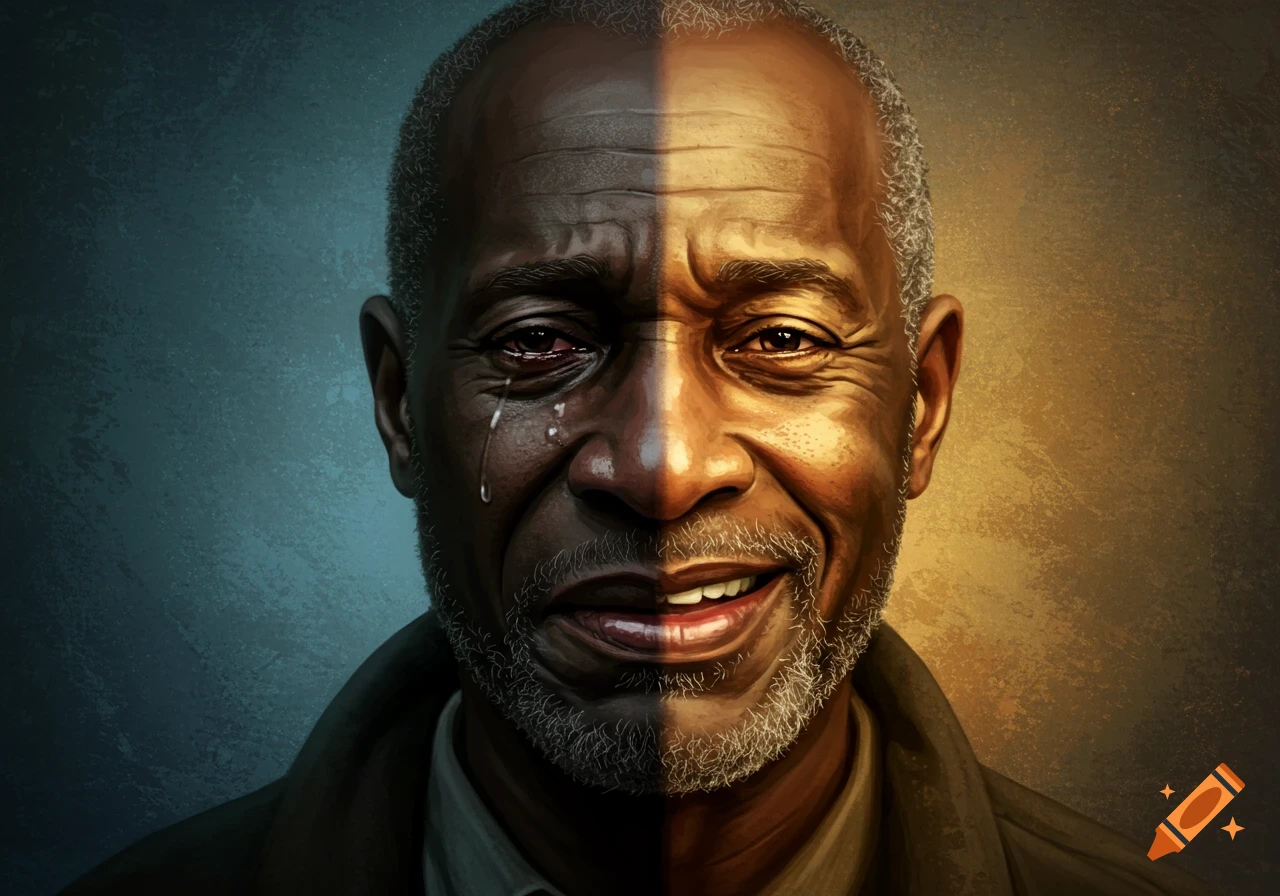 Close-up portrait of an older man with his face split, crying on the left and smiling on the right, against a split cool and warm background.