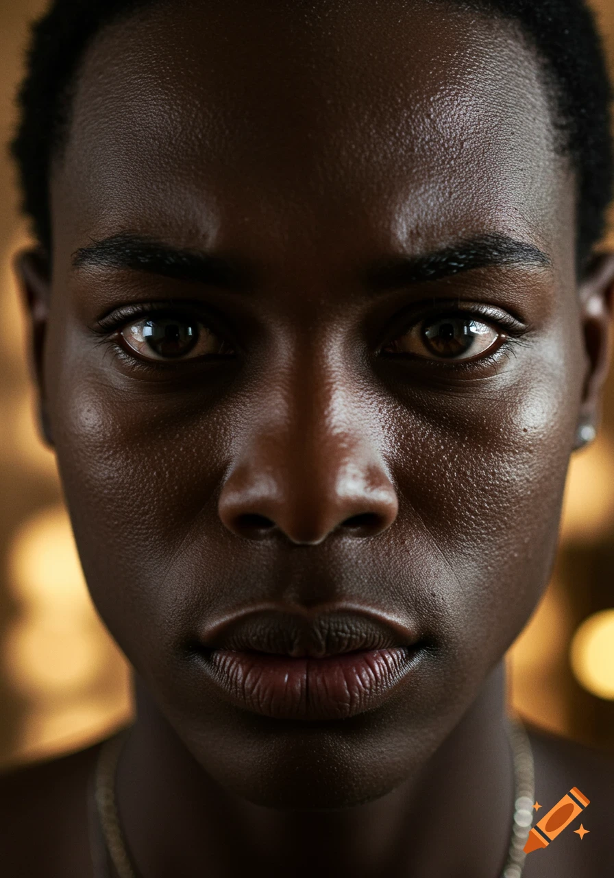 A close-up, photorealistic portrait of a person with dark skin looking intensely at the camera, with a blurred background.