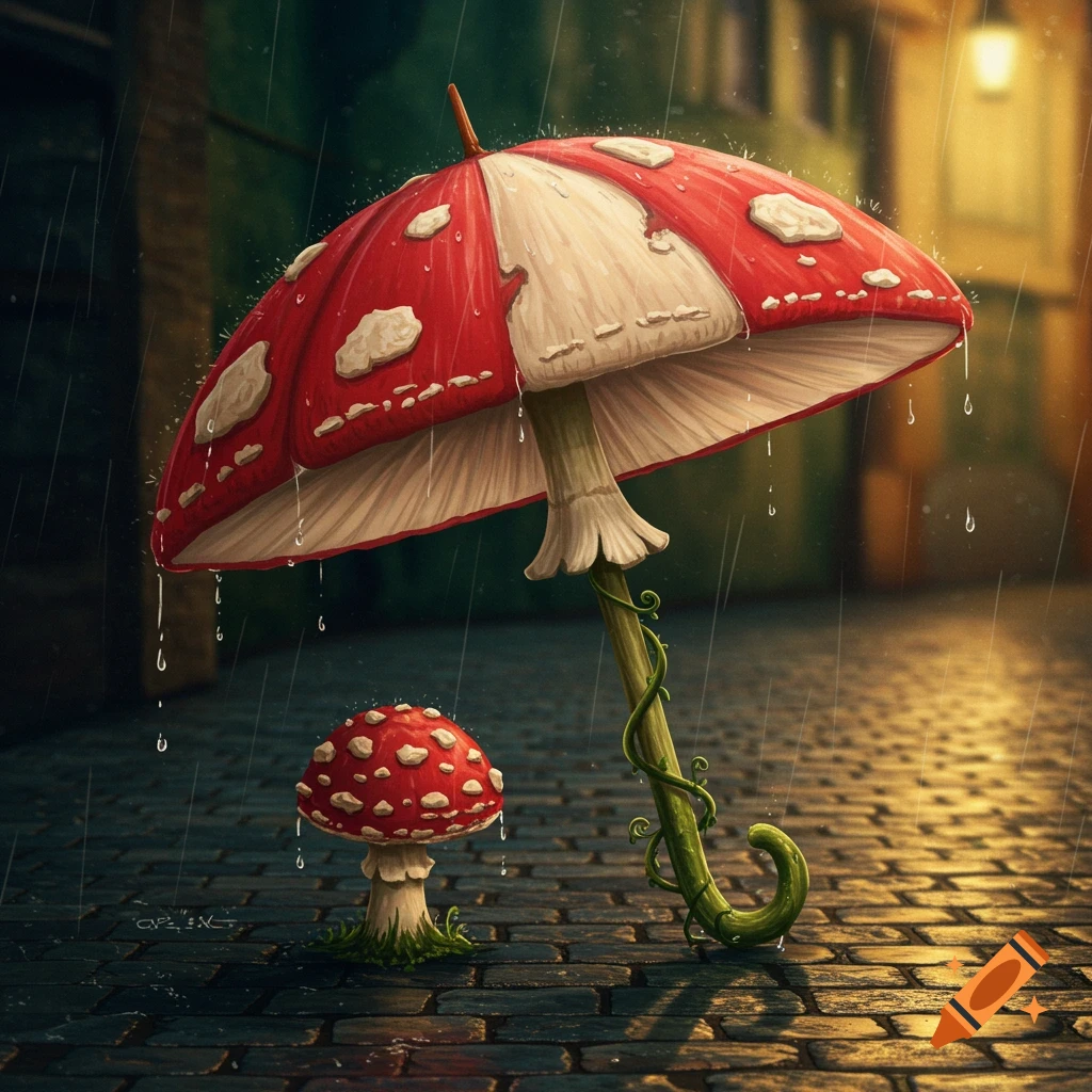 A large red and white mushroom-shaped umbrella stands on a cobblestone street in the rain, sheltering a small red mushroom.