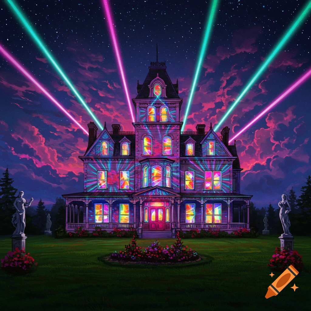 A vibrant, neon-lit Victorian mansion at night with colorful glowing windows and pink and teal laser beams shooting into the starry sky.