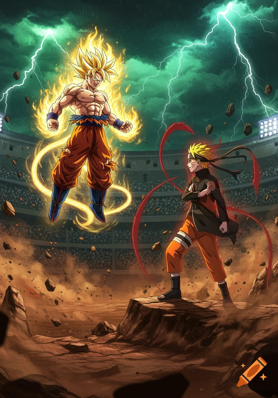 Goku in Super Saiyan form floats above the ground facing Naruto in an arena with lightning and debris, in an anime style.