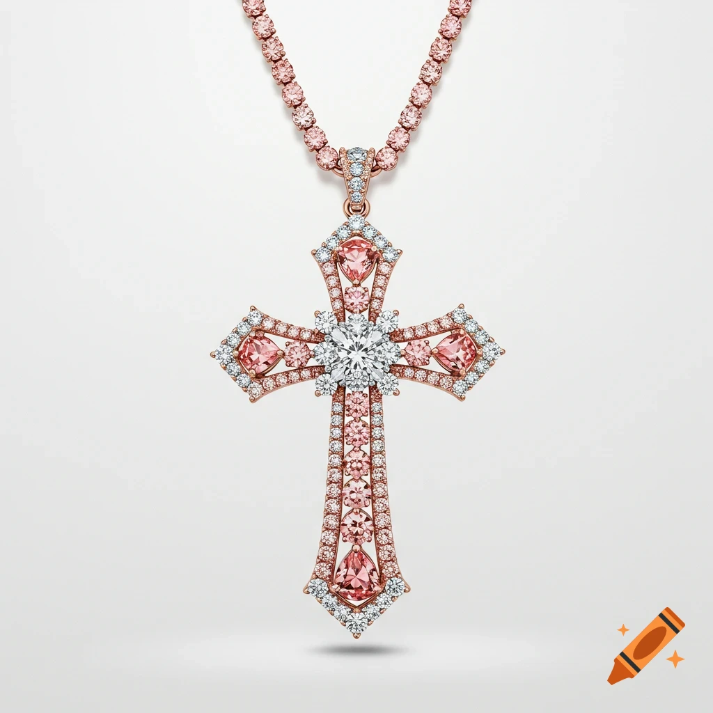 A photorealistic cross necklace made of rose gold, pink diamonds, and white diamonds on a plain white background.