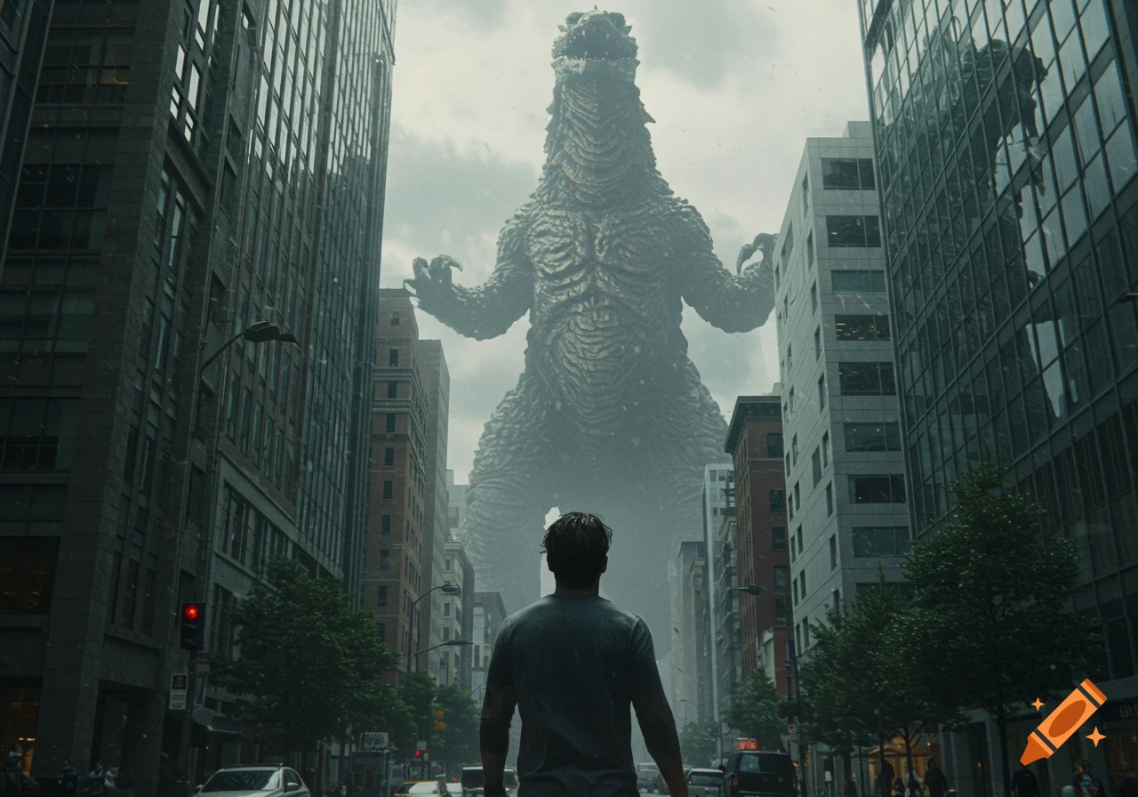 A man stands in a city street, looking up at a massive, reptilian monster towering over the buildings against a cloudy sky.