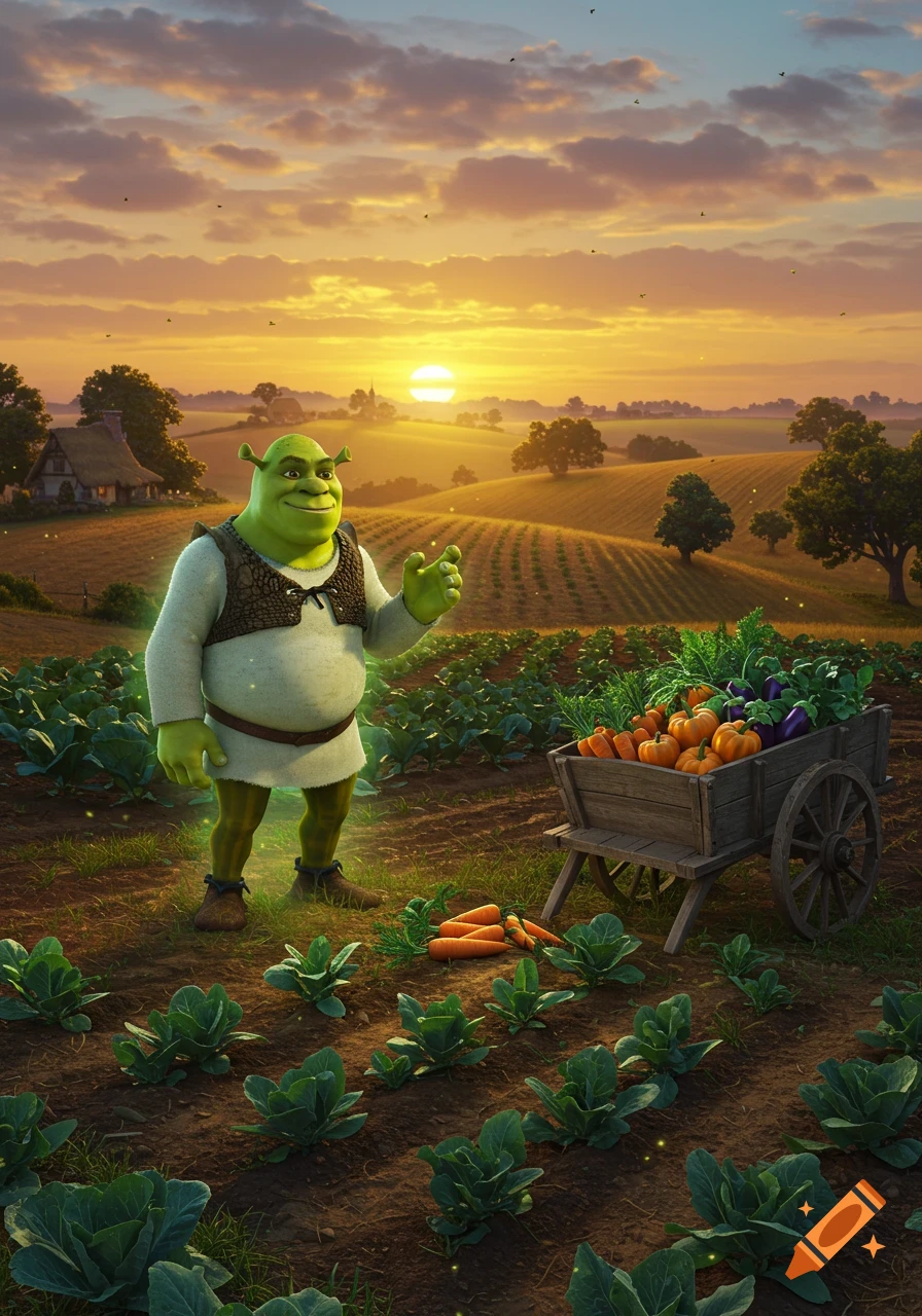 Shrek stands in a cultivated field of vegetables next to a wooden cart filled with produce at sunset, with a farmhouse in the background.