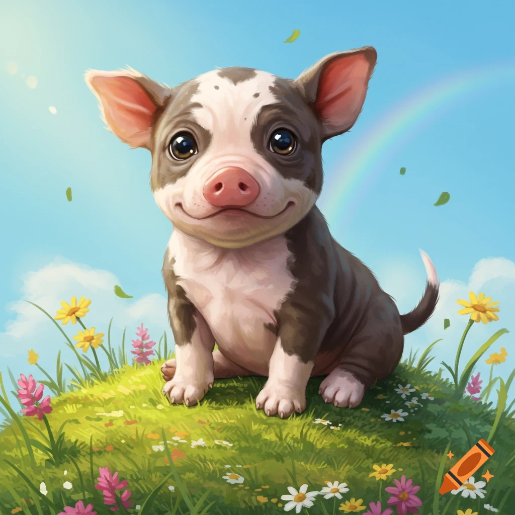 A cute, stylized pig-dog hybrid sits on a grassy hill with flowers under a blue sky and rainbow.