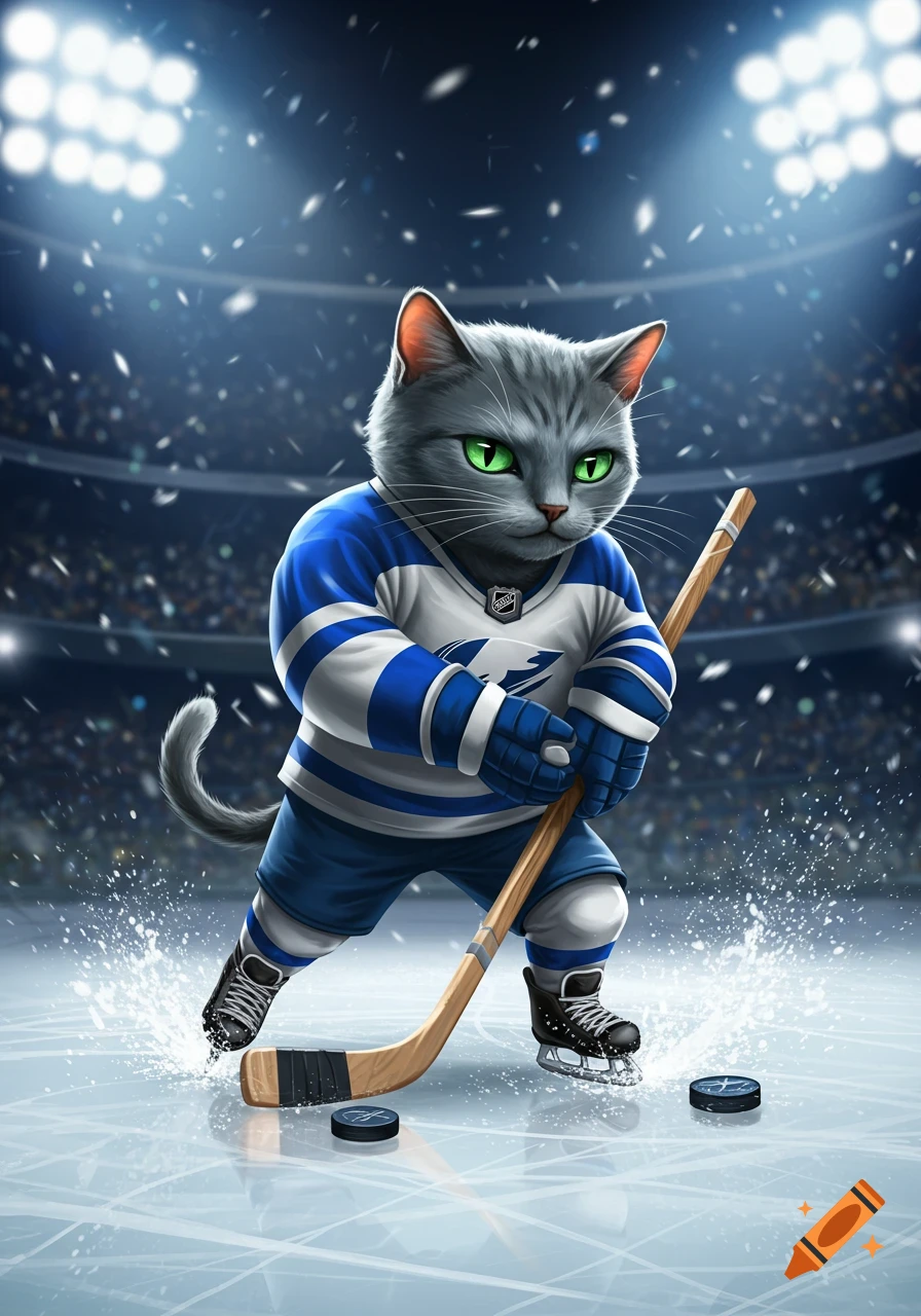 A grey tabby cat in a blue and white hockey jersey plays hockey on an ice rink in a brightly lit arena.