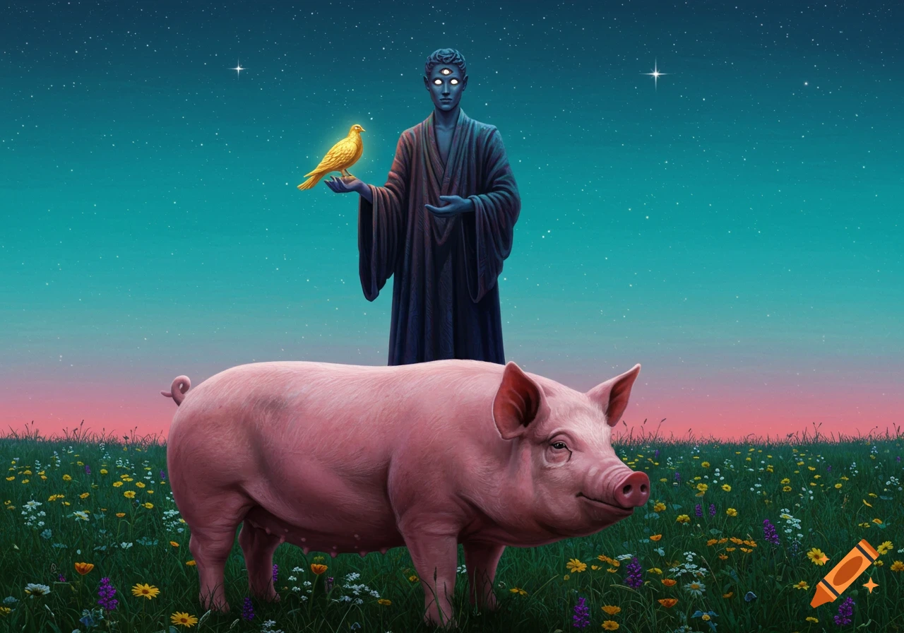 A blue-skinned, three-eyed man in a dark robe holds a golden bird while standing behind a pink pig in a wildflower field under a starry night.