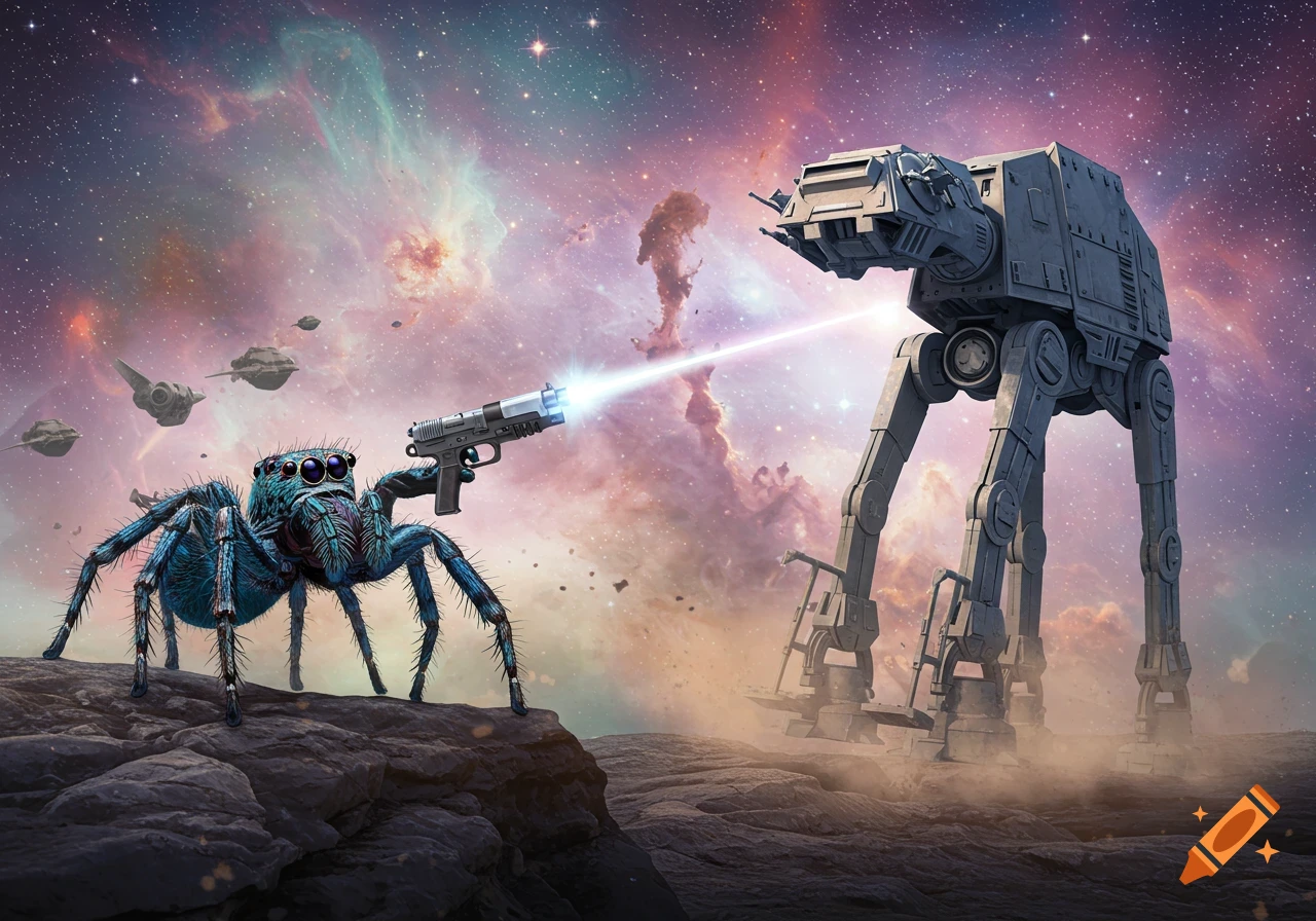 A blue jumping spider with goggles shoots a laser from a pistol at a Star Wars AT-AT on a rocky alien planet under a nebula-filled cosmic sky.