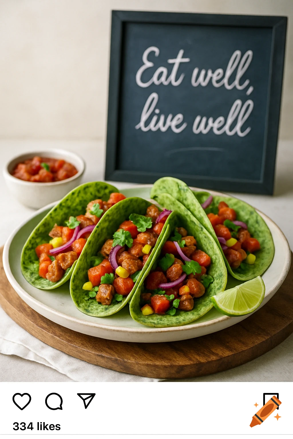 Three green tacos with vegetable filling, lime, salsa, and a 'Eat well, live well' sign.