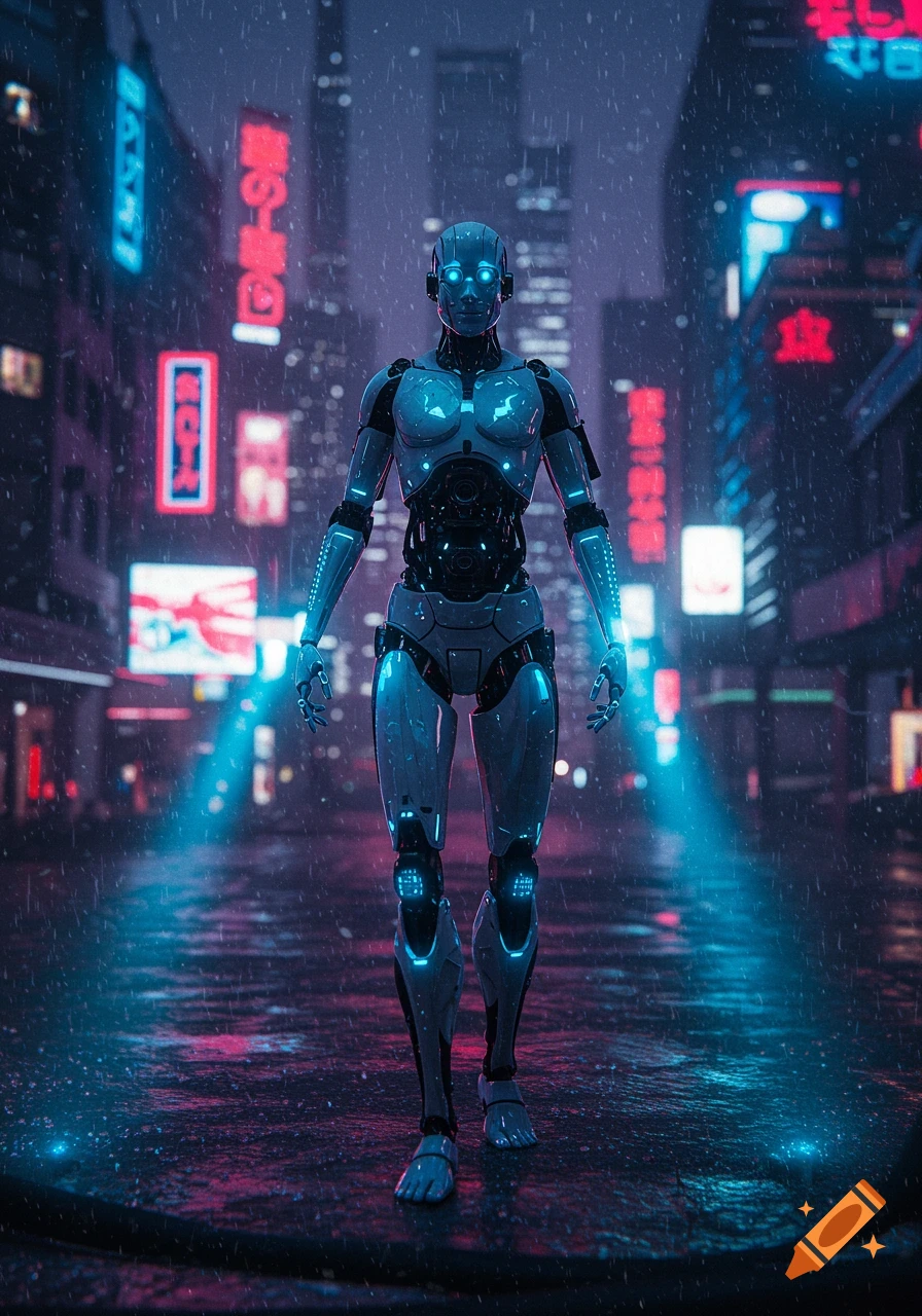 A sleek white and black robot with glowing blue eyes walks down a rainy, neon-lit cyberpunk street at night.