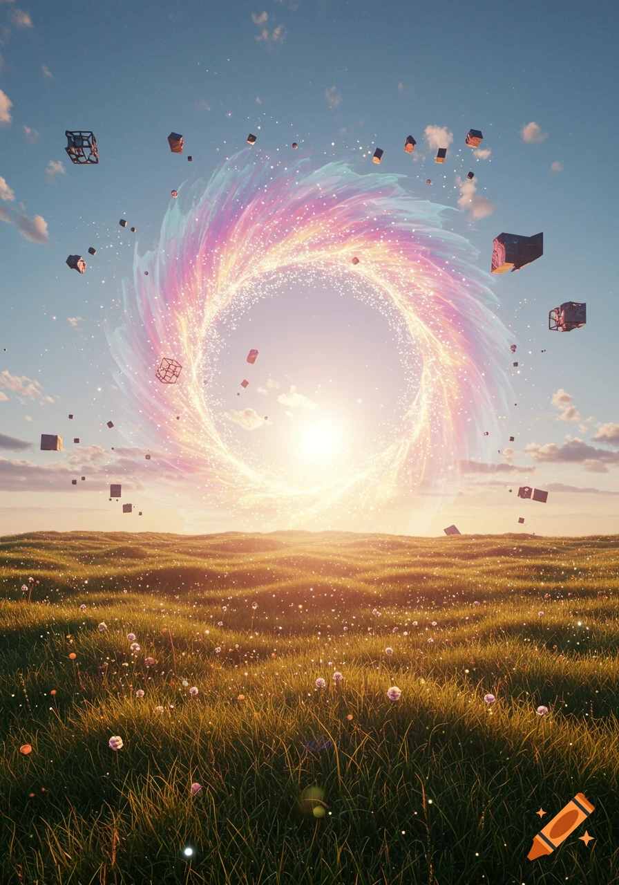 A glowing, swirling colorful portal over a grassy field under a bright sky, with various geometric shapes floating around it.