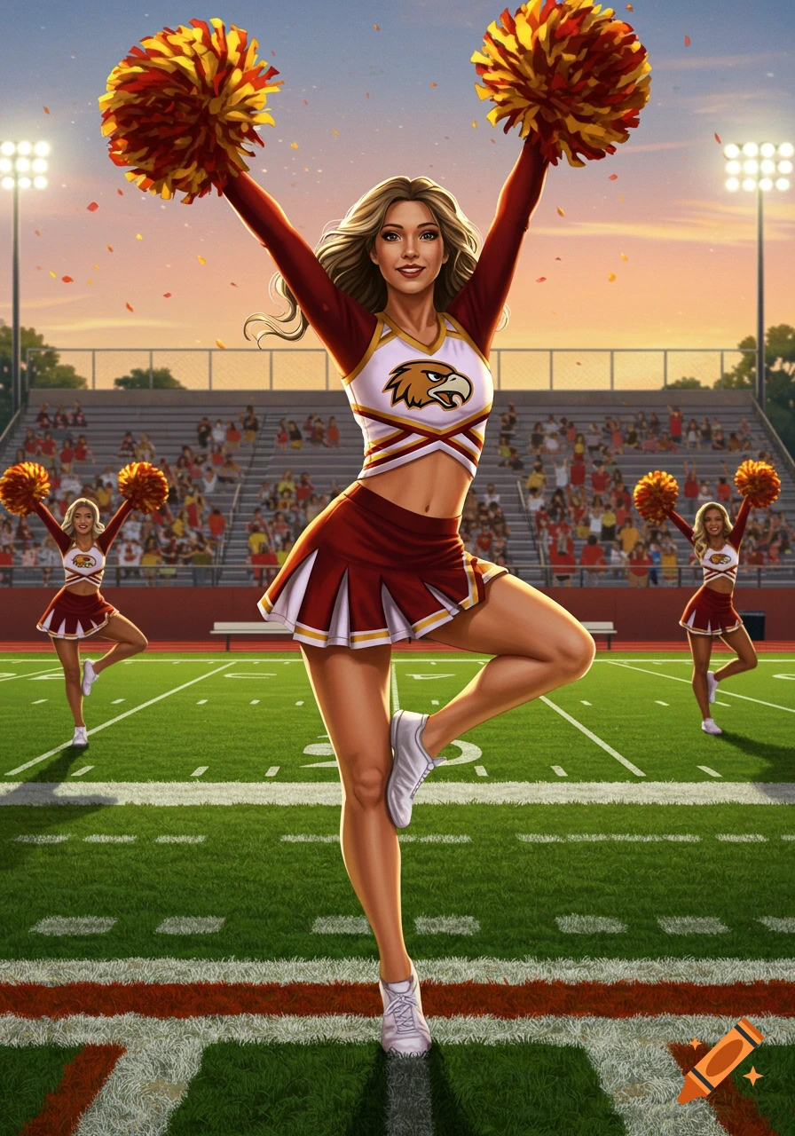 A digital illustration of a cheerleader in a red and white uniform with pom-poms, posing on a football field with a stadium in the background.