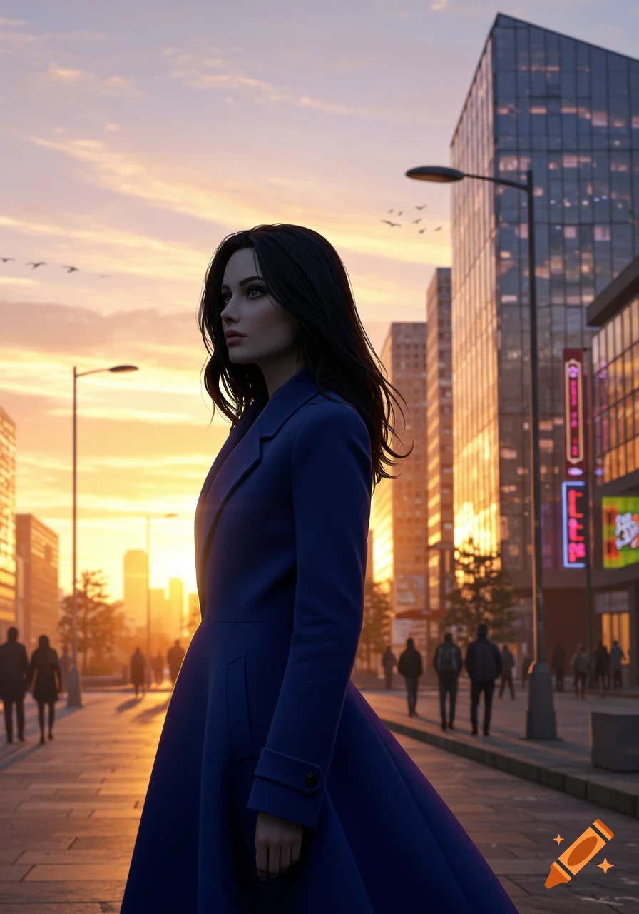A photorealistic image of a woman in a blue coat standing on a city street at sunset, looking left.