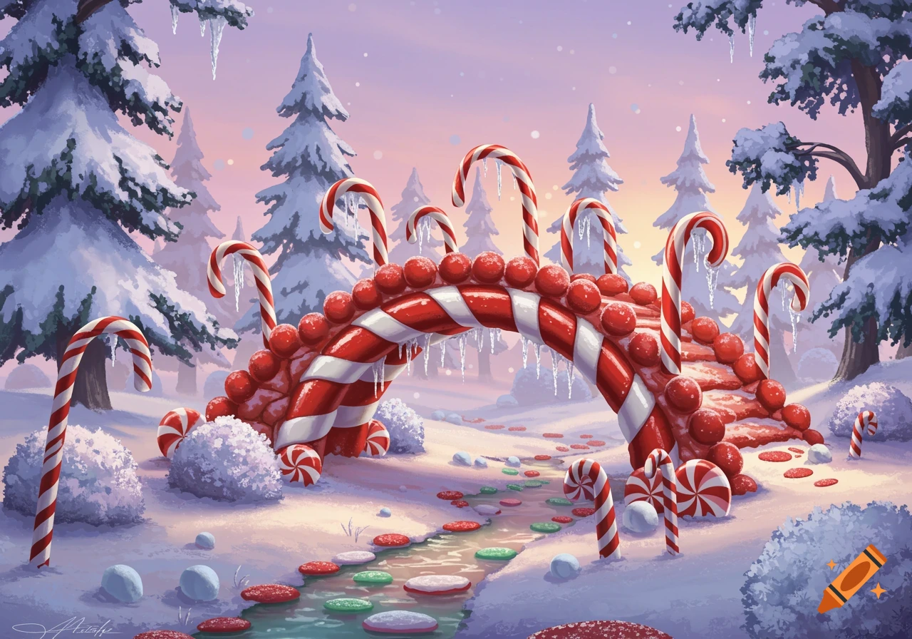 A whimsical winter landscape with a candy cane bridge, snow-covered pine trees, and a path made of colorful candies.