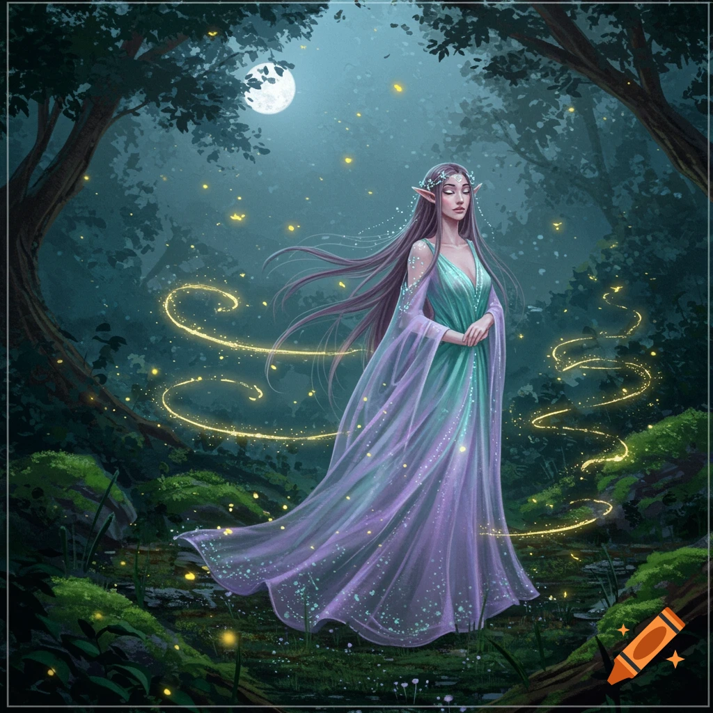 An elegant elf woman with long hair and a flowing purple and green dress stands in a mystical, moonlit forest with glowing fireflies.
