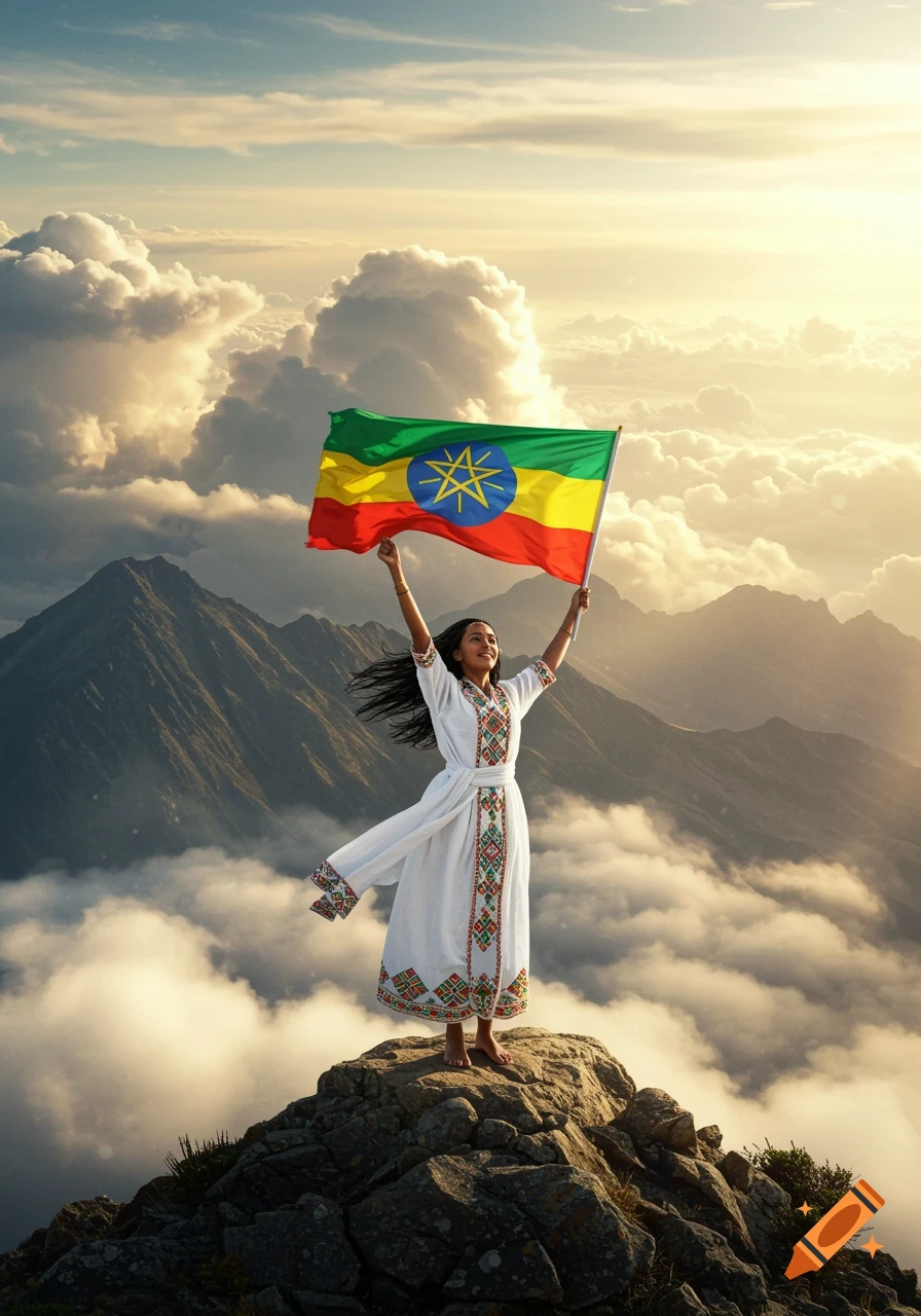 A young woman in a white traditional Ethiopian dress stands on a rocky mountain peak, holding the Ethiopian flag aloft against a dramatic sky with clouds.