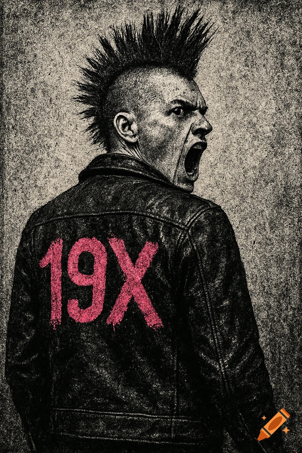 Gritty portrait of a screaming punk man with a mohawk and '19X' in pink on his leather jacket.