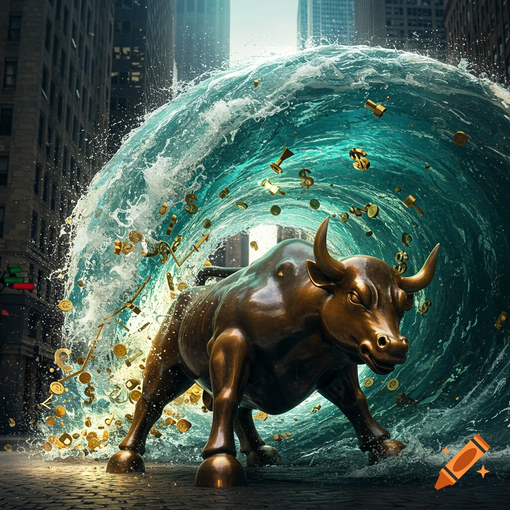 A bronze bull statue stands amidst a swirling wave of water and golden currency symbols in a city street.