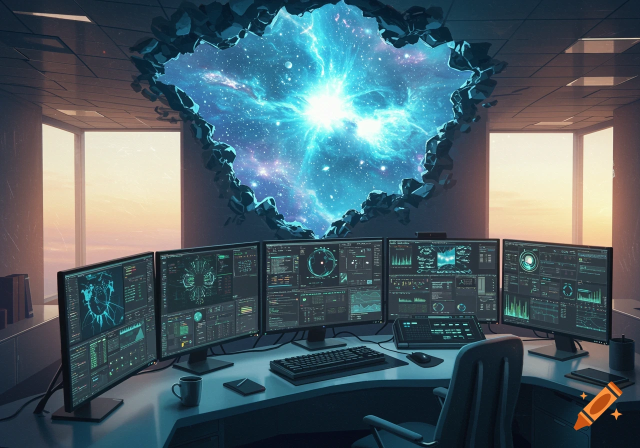 A futuristic office workstation with multiple computer monitors facing a glowing cosmic rift in the wall.