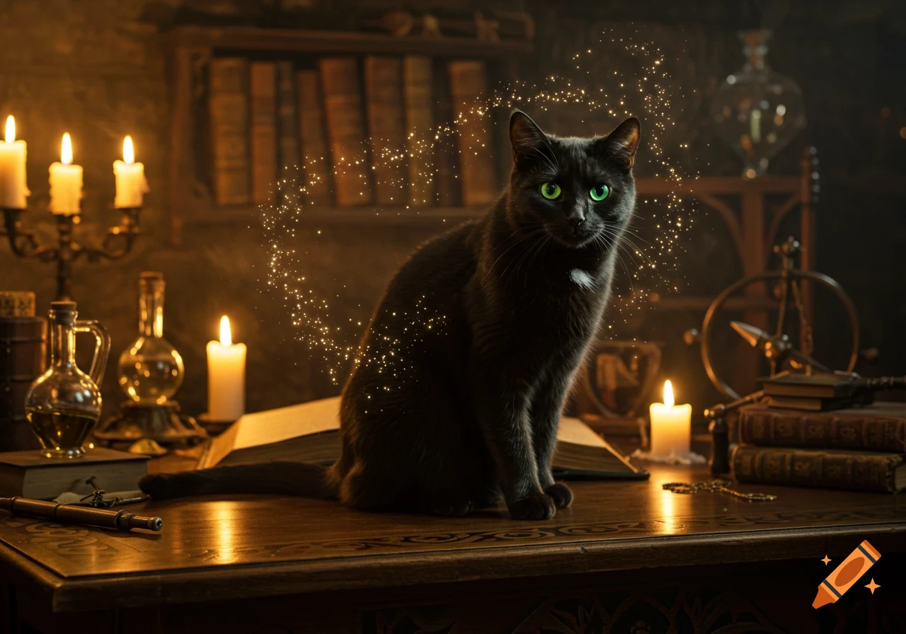 A photorealistic image of a black cat with glowing green eyes sitting on a wooden desk, surrounded by candles, books, and golden magic sparkles.