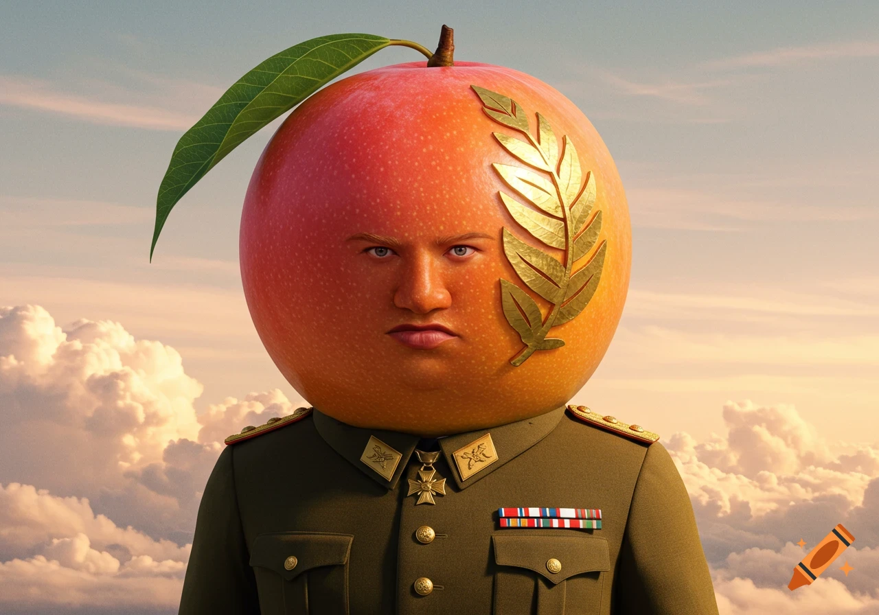 A photorealistic, surreal image of a mango with a stern human face, wearing a green military uniform, against a cloudy sky.