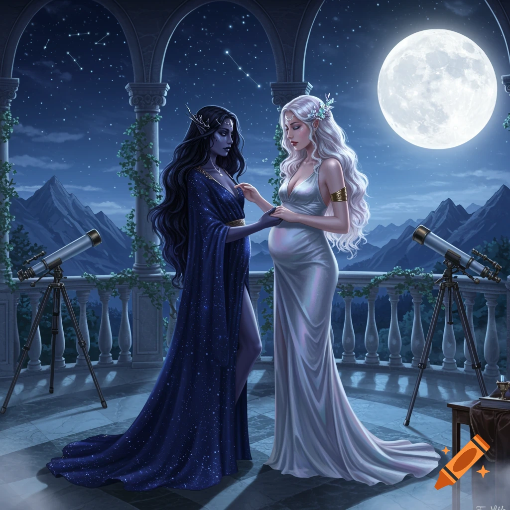 Digital painting of two goddesses, one dark and one pale, celebrating motherhood on a balcony under a full moon with telescopes.