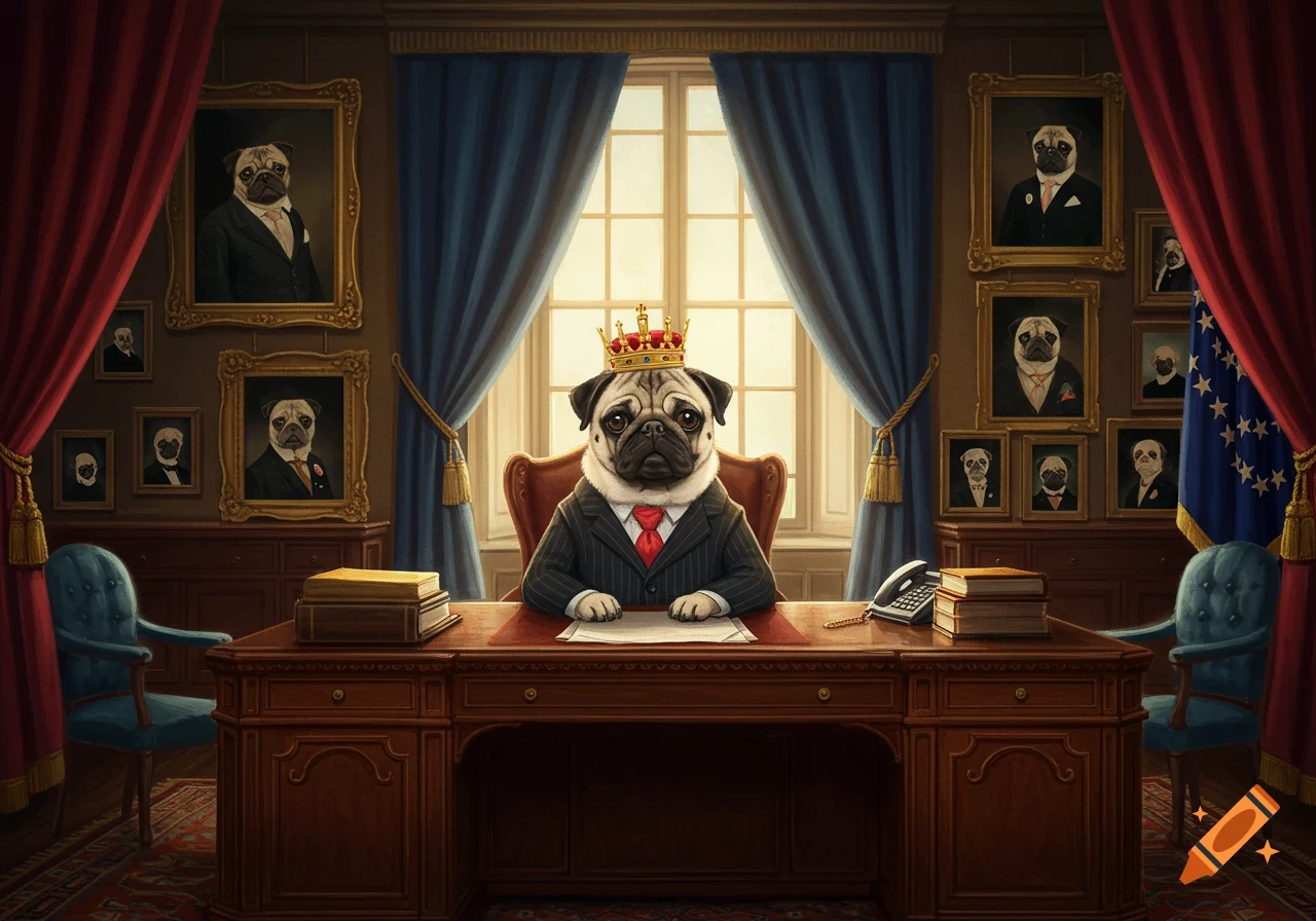 A pug king in a suit and crown sits at a large desk in a formal office with pug portraits.