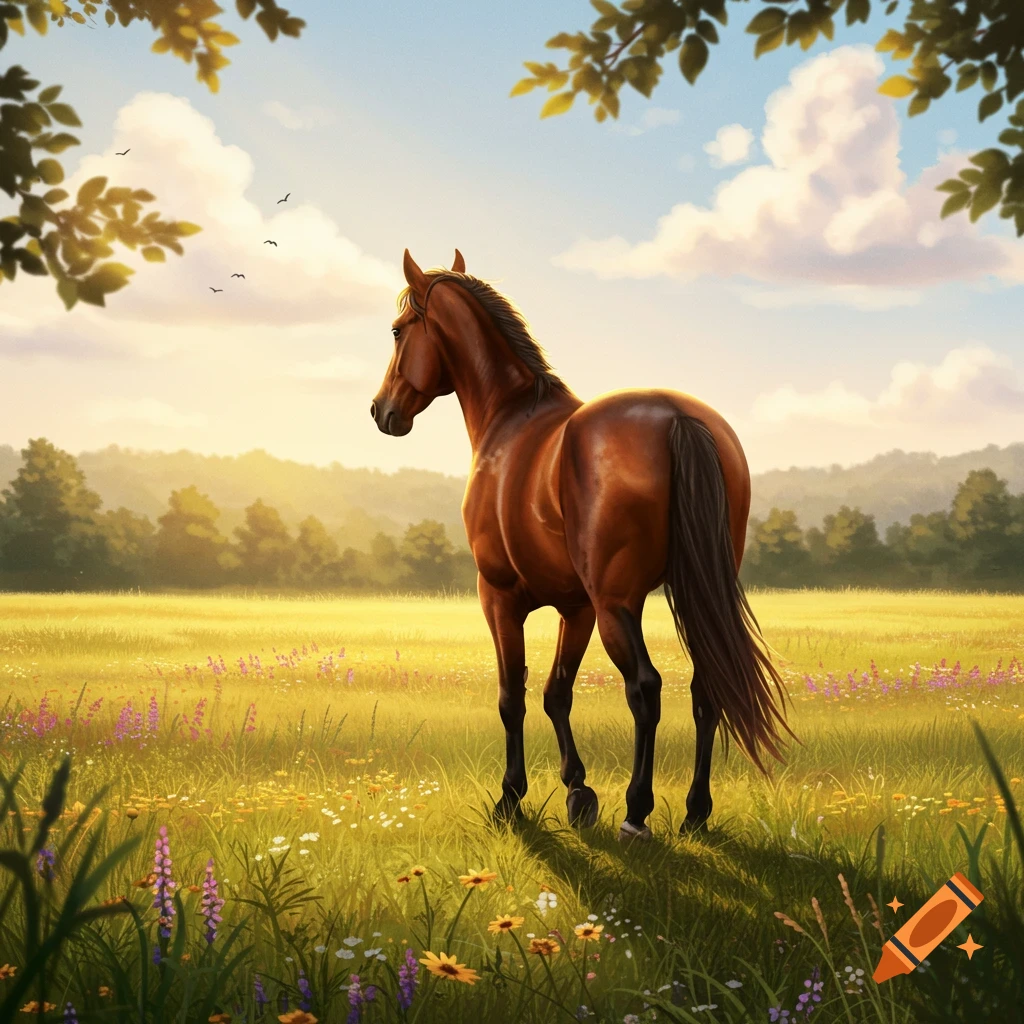 A brown horse stands in a golden wildflower field, facing away towards the glowing sunset horizon with distant trees and a blue sky.